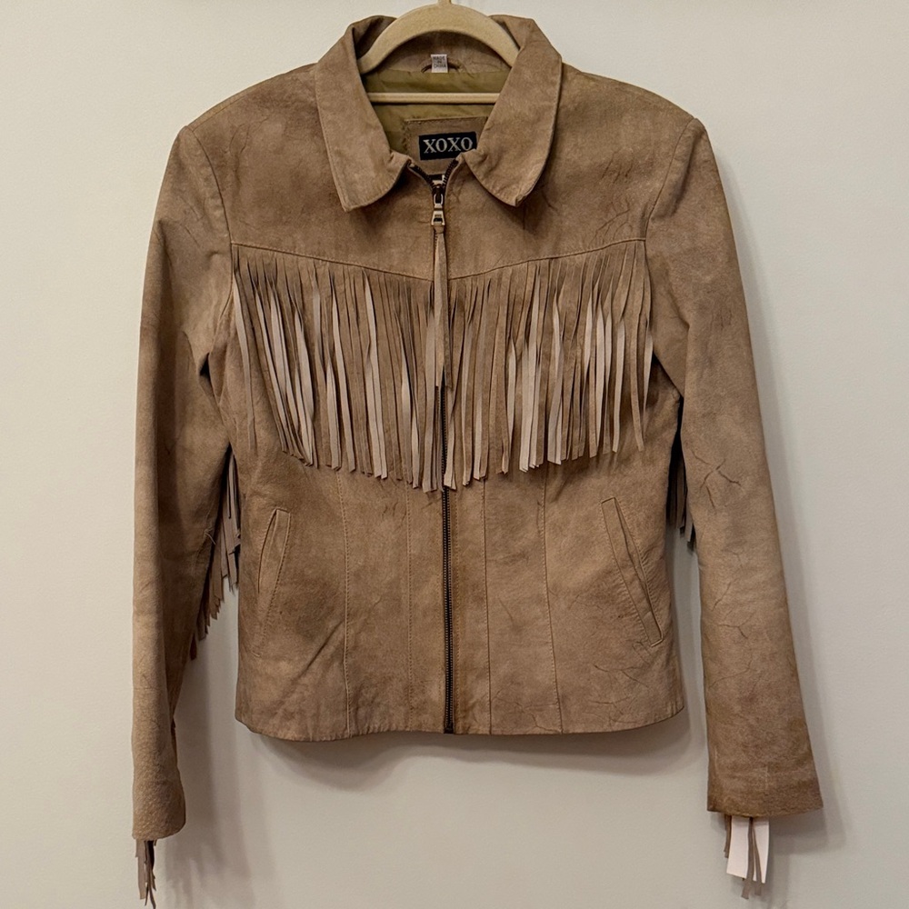 Vintage XOXO Women's Tan Fringe Faux Leather Jacket